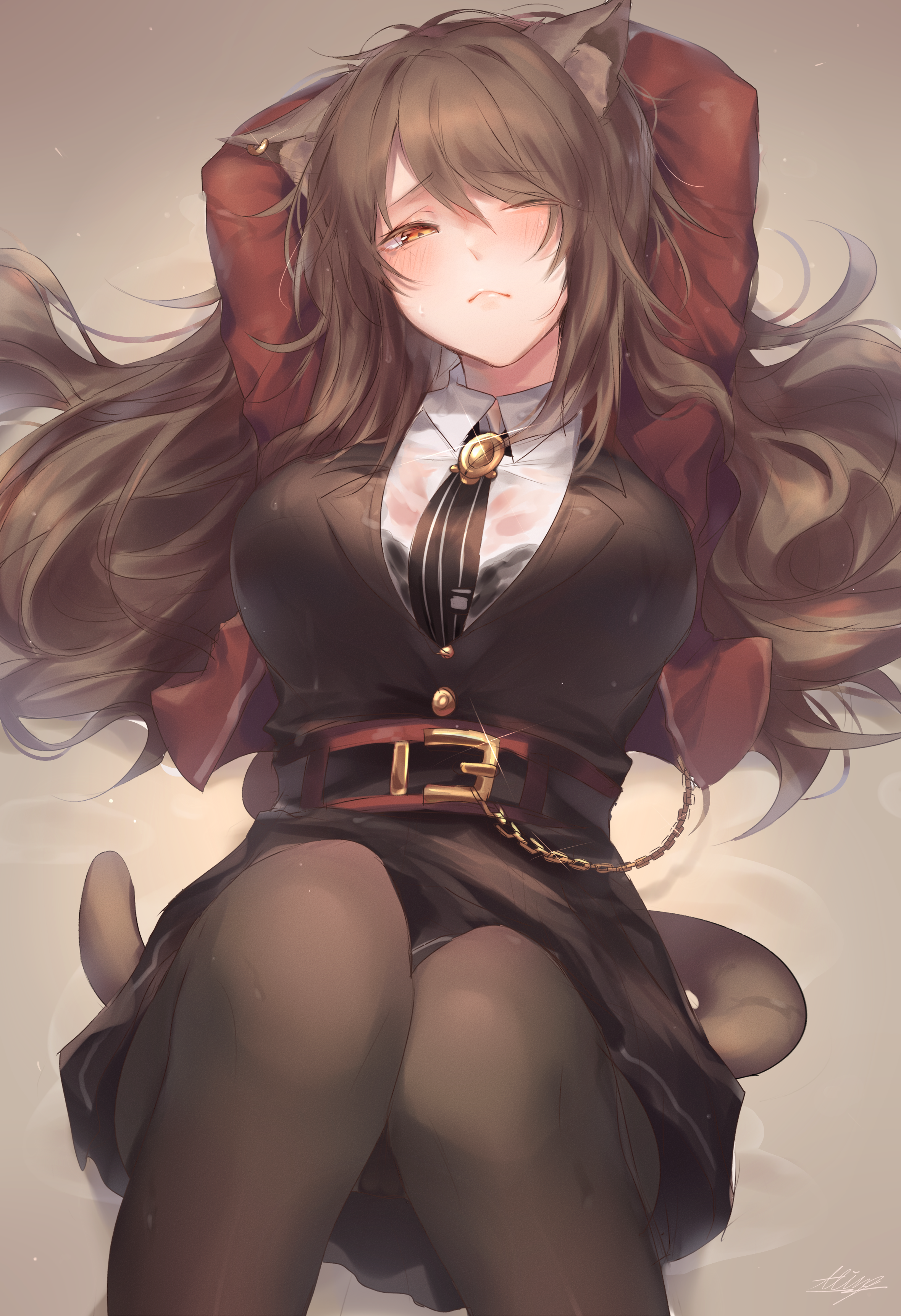 1girl absurdres allze animal_ears arknights arms_behind_head belt black_bra black_necktie black_pantyhose black_shirt black_skirt blush bra breasts brown_hair cat_ears cat_girl cat_tail chain commentary feet_out_of_frame frown half-closed_eyes highres jacket large_breasts long_hair looking_at_viewer necktie one_eye_closed orange_eyes pantyhose red_jacket see-through_clothes shirt skirt skyfire_(arknights) solo tail undershirt underwear vertical-striped_clothes vertical-striped_necktie wet wet_clothes wet_shirt white_shirt