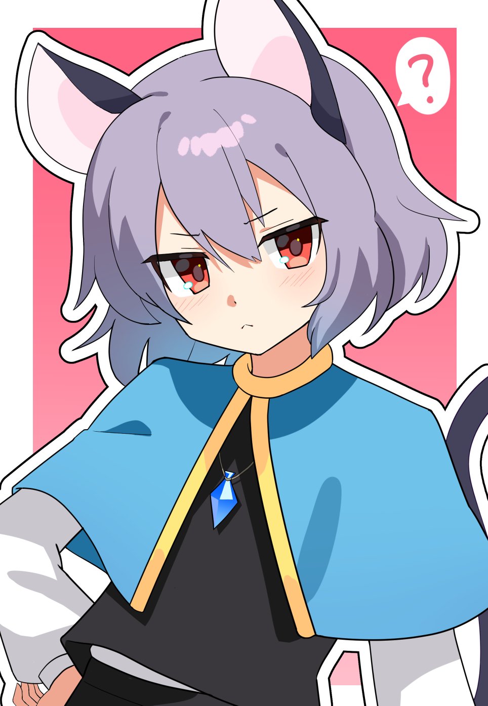 ! 1girl animal_ears black_vest blue_capelet blush border capelet closed_mouth grey_hair hand_on_own_hip highres jewelry long_sleeves looking_at_viewer missing_commentary mouse_ears mouse_girl mouse_tail nazrin necklace outline outside_border pendant red_eyes shirt short_hair simple_background solo spoken_exclamation_mark tail touhou upper_body vest white_border white_outline white_shirt yoihebi