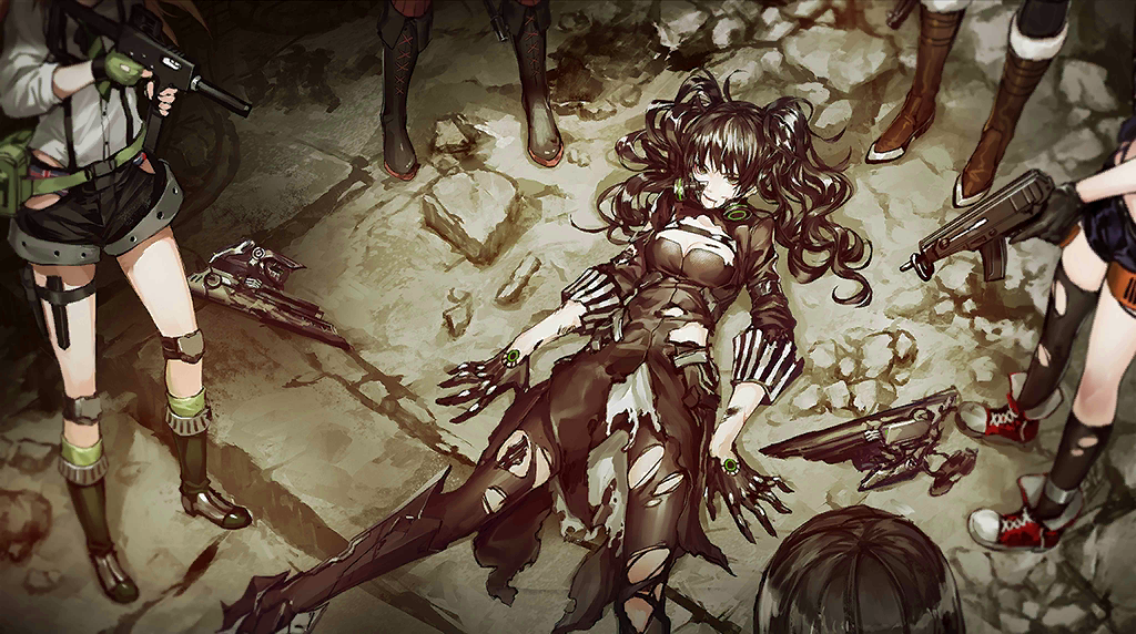 6+girls ahoge aiming android artist_request asymmetrical_legwear black_boots black_dress black_eyes black_gloves black_hair black_pantyhose black_shorts black_socks black_thighhighs blonde_hair boots breasts broken_mask brown_boots character_request check_artist check_character cleavage_cutout clothing_cutout crack cracked_floor cross-laced_shoes defeat dress drone feet_out_of_frame finger_on_trigger fingerless_gloves game_cg gas_mask girls&#039;_frontline gloves green_bag green_gloves green_necktie green_socks grey_shoes gun head_out_of_frame holding holding_gun holding_weapon idw_(girls&#039;_frontline) infukun kneehighs lace-up_boots large_breasts long_hair long_sleeves lying mac-10_(girls&#039;_frontline) mask mechabare mosin-nagant_(girls&#039;_frontline) mp40 mp40_(girls&#039;_frontline) multiple_girls necktie official_art on_back out_of_frame pantyhose parker-hale_idw pinstripe_pattern red_shoes red_socks rubble sangvis_ferri scarecrow_(girls&#039;_frontline) shirt shoes short_shorts shorts skorpion_(girls&#039;_frontline) skorpion_vz._61 sneakers socks standing striped submachine_gun suspenders thigh_strap thighhighs torn_clothes torn_dress torn_pantyhose torn_socks torn_thighhighs trigger_discipline twintails type_64_(girls&#039;_frontline) type_64_smg uneven_legwear union_jack_panties union_jack_print victory weapon white_shirt