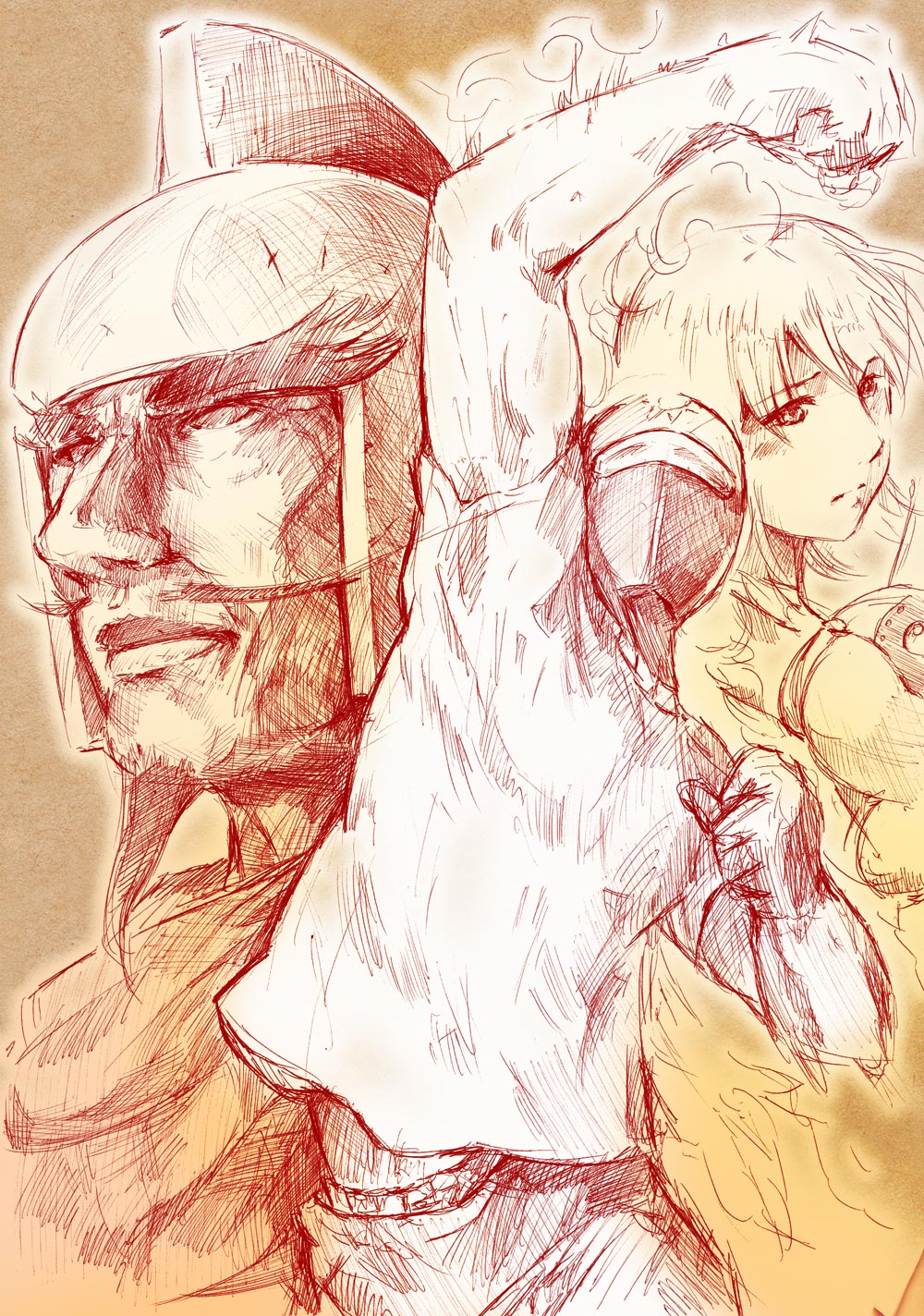 00s 1girl 2boys bad_id bad_pixiv_id general_vamp highres kayoko mask mayo_riyo monochrome multiple_boys red_theme shirt sketch sunred t-shirt tentai_senshi_sunred uchida_kayoko usakotsu yellow_background