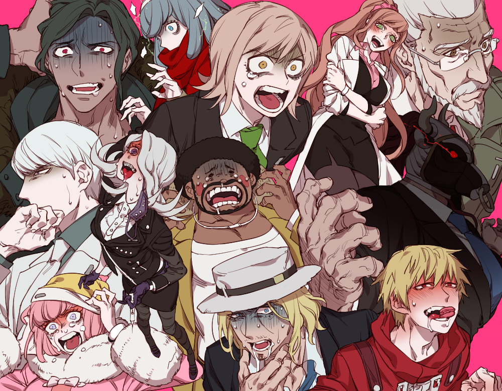 4girls 6+boys afro ando_ruruka bandai_daisaku beard black_hair blonde_hair blue_hair blush blush_stickers boater_hat braces commentary_request constricted_pupils covering_own_mouth cow_mask danganronpa_(series) danganronpa_3_(anime) dark-skinned_male dark_skin drooling facial_hair flipped_hair food formal_clothes fur-trimmed_jacket fur_trim gekkogahara_miaya glasses great_gozu green_eyes grey_hair hat izayoi_sounosuke jacket kimura_seiko kizakura_kouichi lab_coat long_hair macaron mask mitarai_ryota mouth_mask multiple_boys multiple_girls munakata_kyousuke muscular orange_hair pantyhose pink_background pink_hair ponytail red_eyes sakakura_juuzou saliva sara_(kurome1127) scarf scarf_over_mouth scrunchie shaded_face short_hair shouting simple_background smile suit surgical_mask sweat syringe tears tengan_kazuo tongue tongue_out turn_pale unworn_mask veins wrestling_mask yukizome_chisa