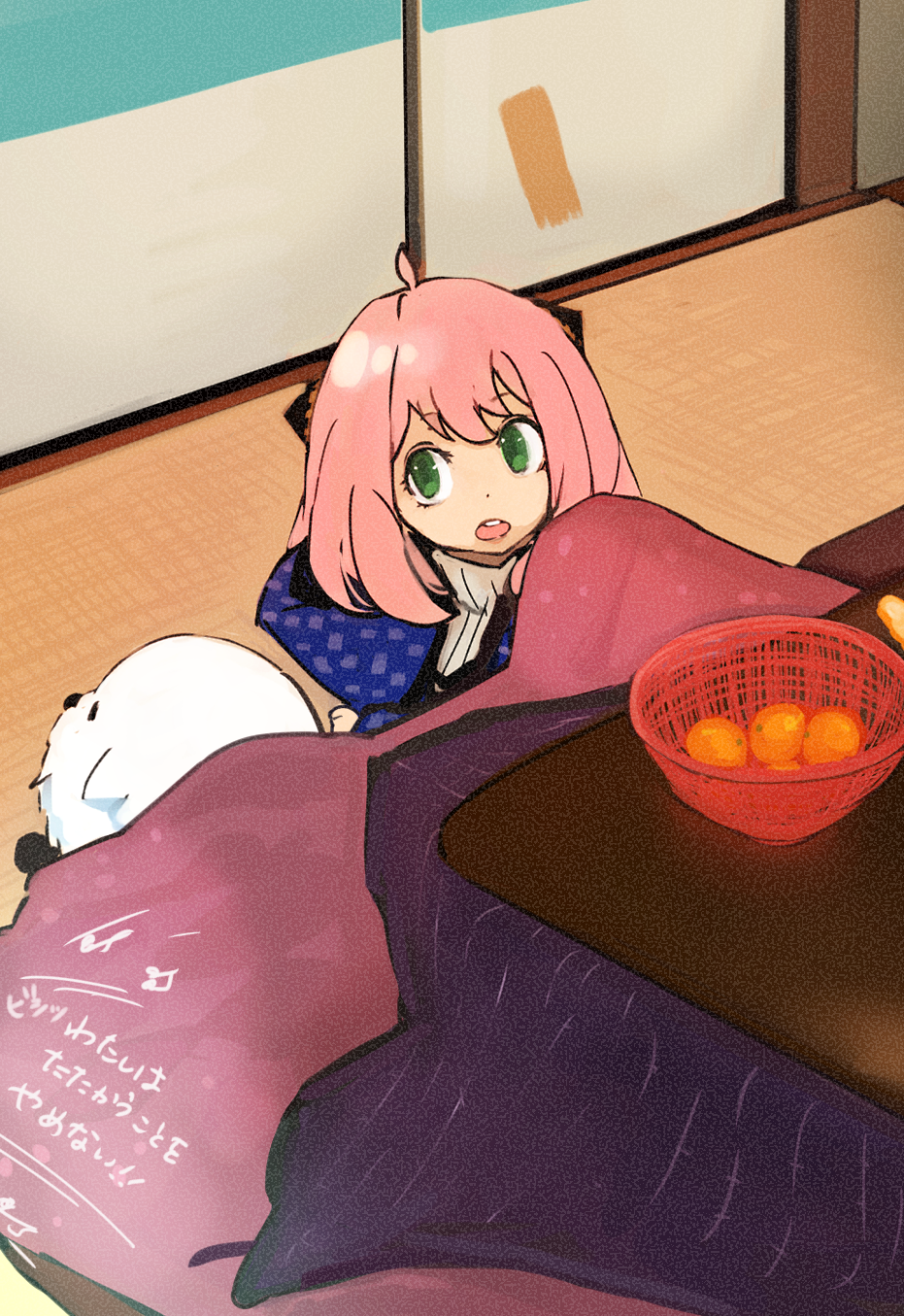 1girl ahoge anya_(spy_x_family) bond_(spy_x_family) bowl commentary_request dog food fruit green_eyes hairpods higemu highres kotatsu mandarin_orange pink_hair sliding_doors spy_x_family sweater table translation_request turtleneck turtleneck_sweater under_kotatsu under_table