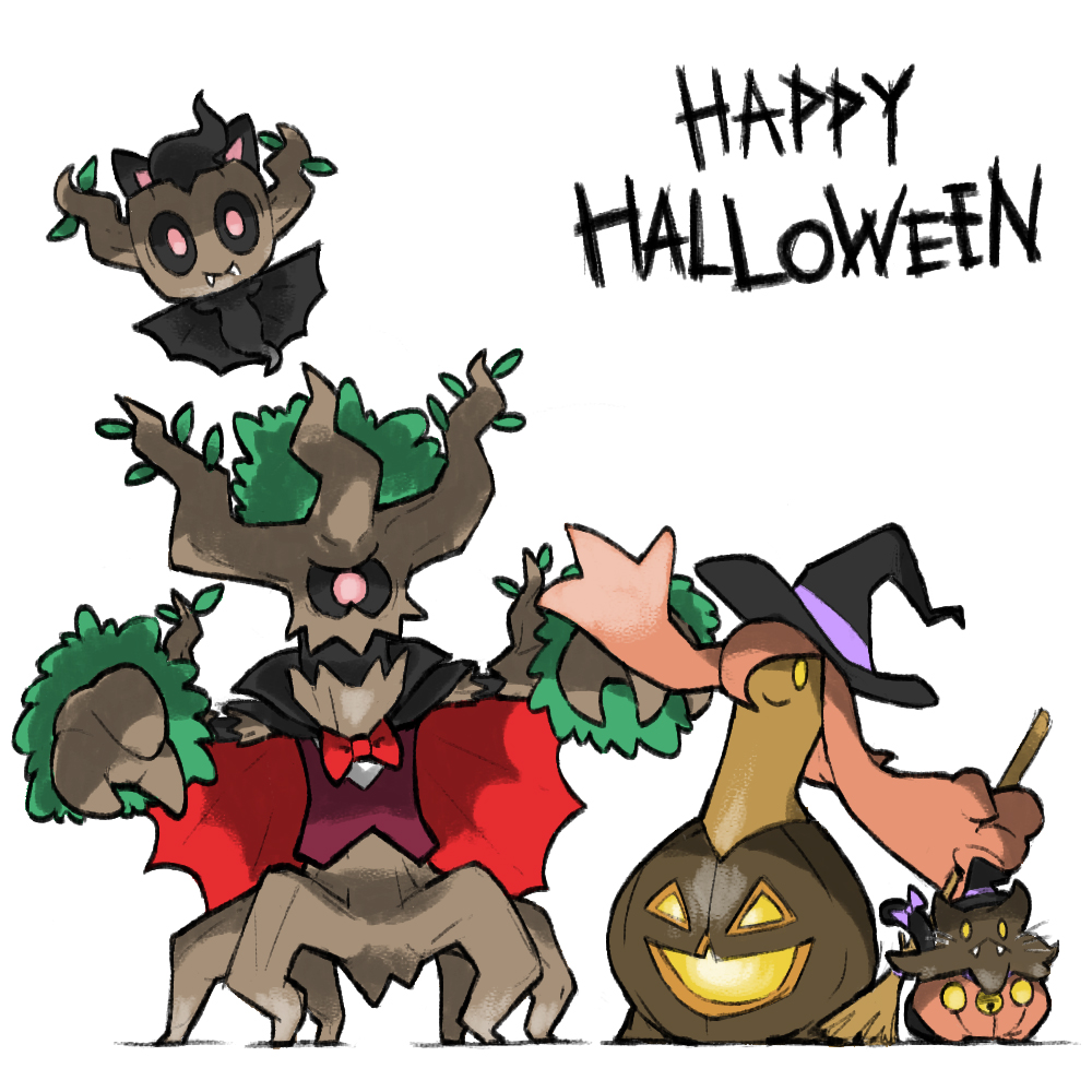 :&lt; animal_ears bat_ears bell black_hat black_sclera blacknirrow bow bowtie broom cape cat_tail closed_mouth clothed_pokemon colored_sclera commentary english_commentary english_text fake_animal_ears fake_tail fake_whiskers fangs floating full_body gen_6_pokemon gourgeist hair_over_one_eye halloween_costume hat holding holding_broom leaf nintendo no_humans one-eyed orange_hair phantump pokemon pokemon_(creature) pokemon_focus prehensile_hair pumpkaboo purple_bow red_bow red_bowtie red_eyes simple_background smile tail trevenant whiskers white_background witch_hat yellow_eyes