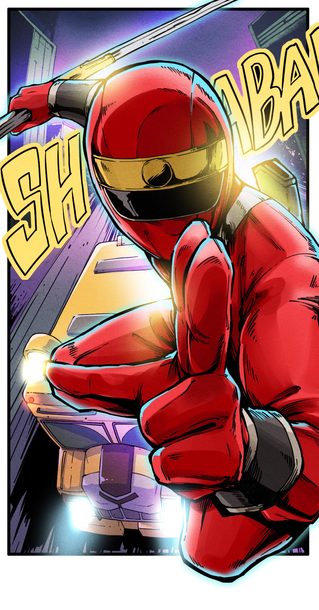 1boy bodysuit fatrimspam helmet highres holding holding_sword holding_weapon kuji-in male_focus midair ninja_red ninja_sentai_kakuranger red_bodysuit red_helmet solo sound_effects super_sentai sword tokusatsu weapon
