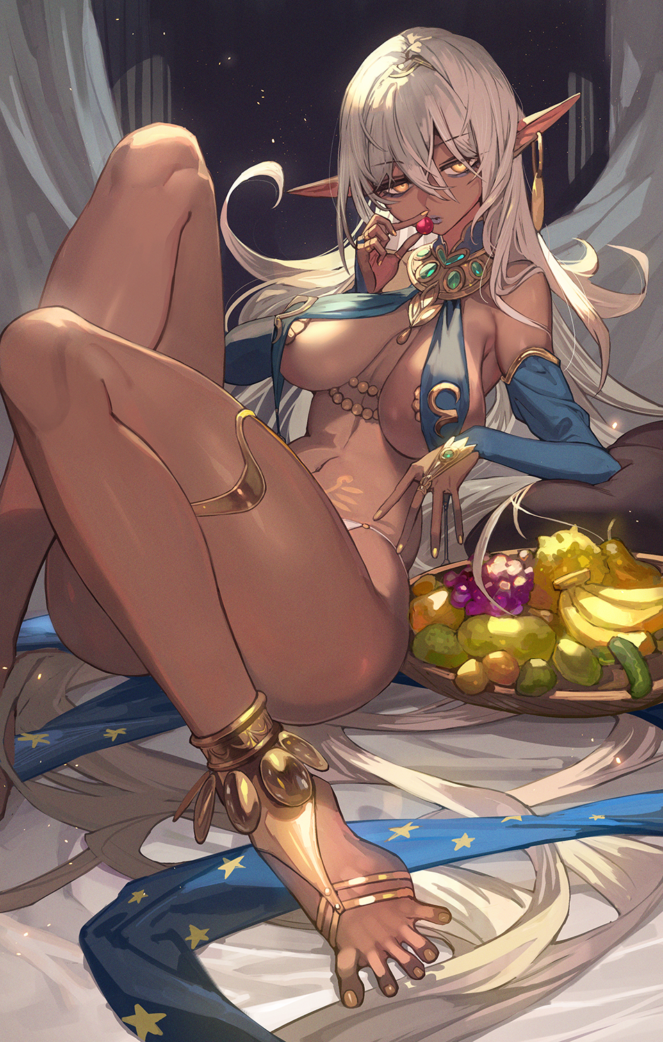 1girl absurdly_long_hair anklet arabian_clothes armpits banana bare_legs bare_shoulders barefoot barefoot_sandals_(jewelry) bed body_markings bowl breasts breasts_apart bridal_gauntlets cherry commentary commentary_request curtains dark-skinned_female dark_elf dark_skin elf feet food fruit fruit_bowl gold_anklet gold_trim grapes hair_between_eyes hair_spread_out highres indoors jewelry lack long_hair looking_at_viewer lying medium_breasts midriff nail_polish navel night night_sky on_back on_bed original panties pear pillow pointy_ears revealing_clothes shiny_skin sideboob sky solo spread_toes star_(sky) star_(symbol) star_print starry_sky thick_thighs thighlet thighs toenail_polish toenails toes underboob underwear very_long_ears very_long_hair white_hair white_panties yellow_eyes yellow_nails