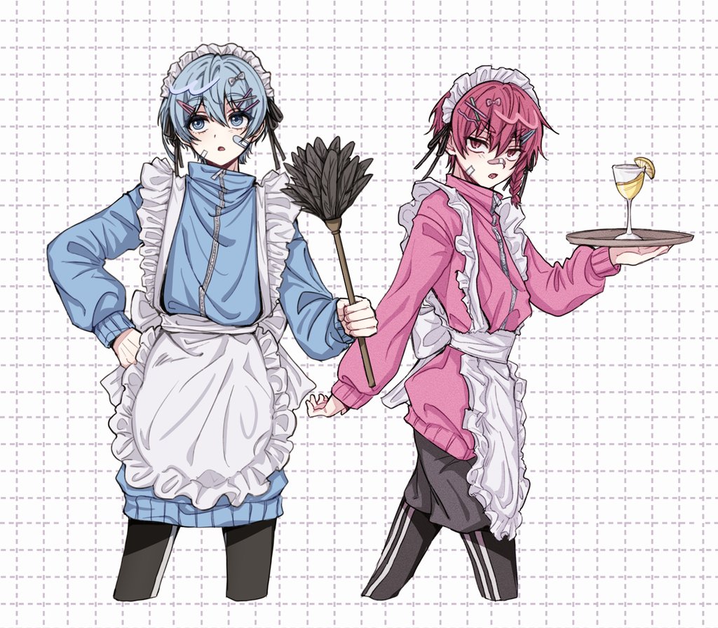 2boys apron bandaid bandaid_on_face black_pants black_shorts blue_eyes blue_hair blue_jacket blue_lock braid cowboy_shot crossdressing cup duster hair_ornament hairclip holding holding_duster holding_plate jacket jersey_maid killing_soccer kurona_ranze long_sleeves looking_away maid maid_apron maid_headdress male_focus multiple_boys open_mouth pants pink_jacket plate red_eyes red_hair short_hair shorts side_braid single_braid sleeves_past_wrists standing unconventional_maid walking white_apron you_hiori