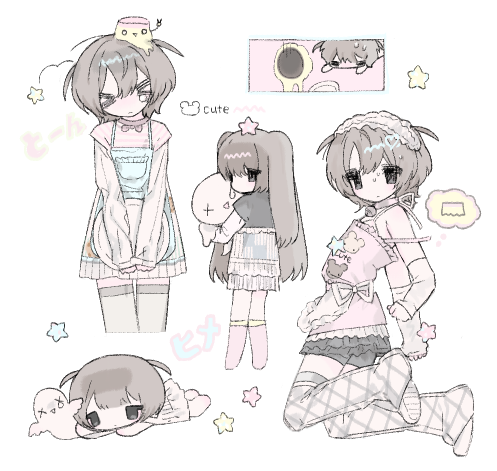 &gt;_&lt; 1girl black_eyes black_shorts black_skirt boots bra brown_hair crying dress giga_pudding hairband hand_up long_hair long_sleeves lowres multiple_views original pink_dress pink_sweater pudding_hair_ornament shirt shoes short_hair short_sleeves shorts skirt sleeveless sleeveless_dress sweater two_side_up u_emper underwear v very_long_hair white_bra white_footwear white_shirt