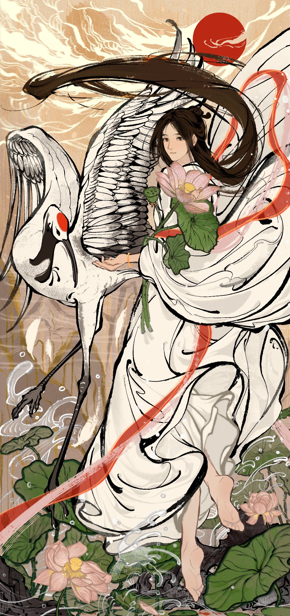 1boy barefoot bird bracelet brown_eyes brown_hair chinese_clothes crane_(animal) fish flower full_body hagoromo hair_bun hanfu highres jewelry long_hair long_sleeves looking_at_viewer lotus lotus_leaf lotus_pod male_focus mountain open_hand pink_flower rock shawl smile solo tianguan_cifu water white_hanfu wide_sleeves wuyi1031 xie_lian