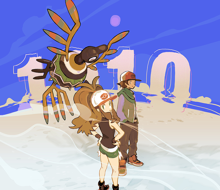 1boy 1girl antenna_hair baseball_cap belt_buckle boots brown_hair buckle closed_mouth gen_5_pokemon green_shorts hands_on_own_hips hat hilbert_(pokemon) hilda_(pokemon) hood hood_down hooded_jacket jacket lillin long_hair long_sleeves looking_back nintendo pants pokemon pokemon_(creature) pokemon_bw red_headwear short_shorts shorts sidelocks sigilyph smile standing vest white_headwear wristband
