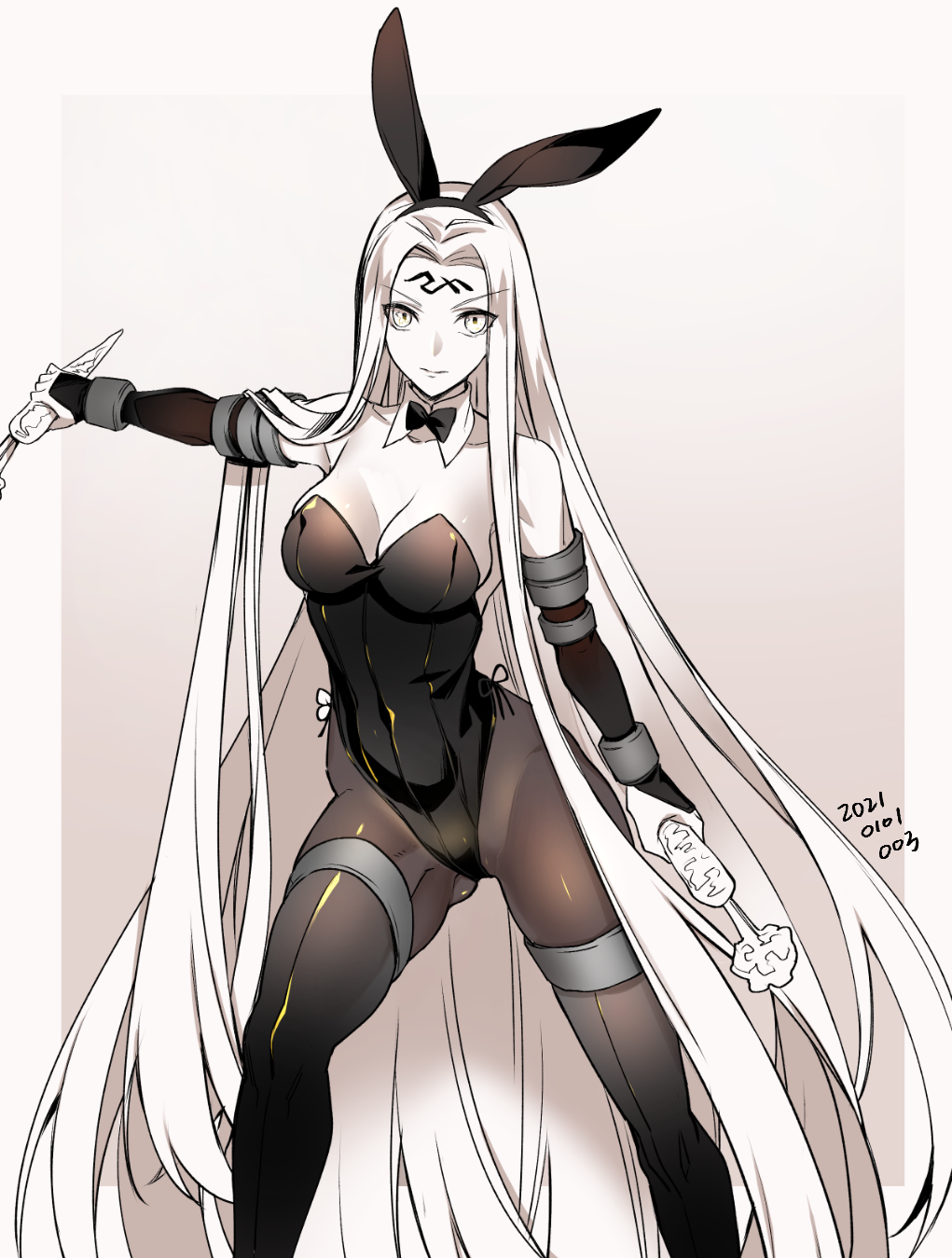 1girl animal_ears bow bowtie carrot commentary_request dated detached_collar detached_sleeves facial_mark fake_animal_ears fate/stay_night fate_(series) forehead_mark greyscale hairband highleg highleg_leotard highres holding leotard long_hair medusa_(fate) medusa_(rider)_(fate) monochrome pantyhose playboy_bunny rabbit_ears solo strapless strapless_leotard thighs traditional_bowtie very_long_hair ycco_(estrella)