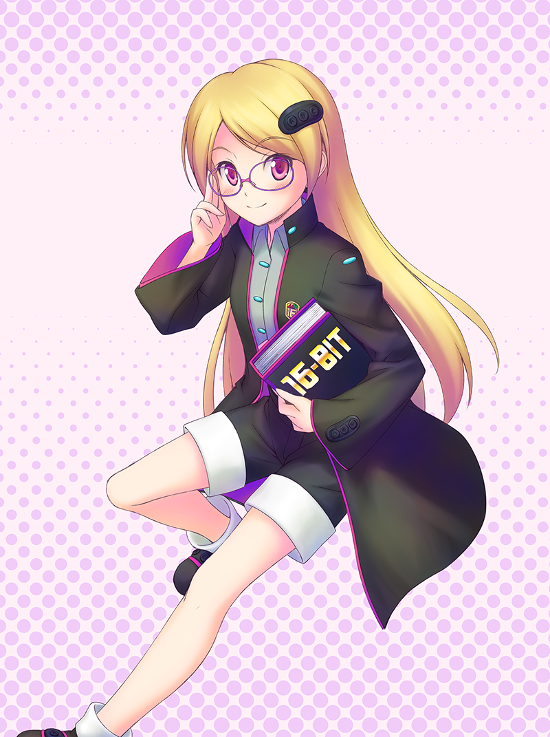 1girl adjusting_eyewear black_coat black_footwear black_shorts blonde_hair blush book coat collared_shirt grey_shirt gt_(acidhead_gt) hair_ornament holding holding_book leg_up long_hair looking_at_viewer sega_hard_girls sega_mega_drive_(sega_hard_girls) shirt shorts smile