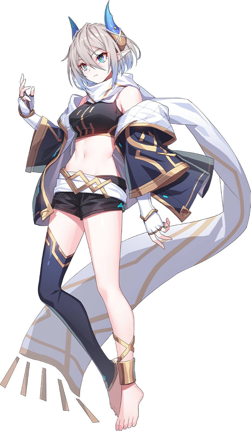 1girl anklet arm_warmers armpit_crease bare_legs bare_shoulders barefoot black_coat black_shirt black_shorts black_thighhighs blue_eyes breasts coat crop_top dragon_horns fingerless_gloves full_body gloves gold_trim grand_chase grey_hair hair_between_eyes hand_up highres horns jewelry long_sleeves looking_away medium_breasts midriff navel off_shoulder official_art open_clothes open_coat pointy_ears sash scarf shirt short_hair short_shorts shorts sidelocks single_thighhigh sleeveless sleeveless_shirt slit_pupils solo standing stomach thighhighs thighs tiamat_(grand_chase) toeless_legwear transparent_background white_gloves wide_sleeves