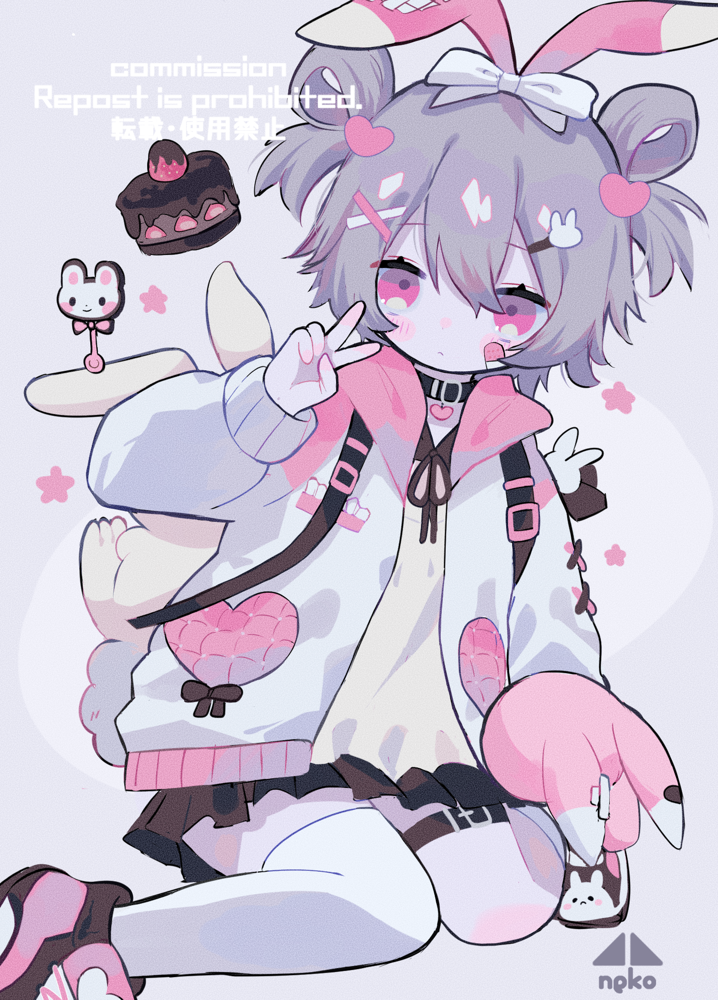 1girl :< animal_bag animal_ears backpack bag bandaid bandaid_on_cheek bandaid_on_face black_choker black_ribbon black_shoes black_skirt blush_stickers cake chocolate_cake choker closed_mouth collared_shirt commentary_request commission contrast_collar cotono_(nazekun) food grey_hair hair_between_eyes hair_ornament heart heart_choker heart_hair_ornament highres holding holding_stuffed_toy hood hooded_jacket jacket long_sleeves miniskirt neck_ribbon open_clothes open_jacket original pink_eyes pink_hood pleated_skirt rabbit_bag rabbit_ears rabbit_hair_ornament ribbon shirt shoes short_hair sitting skeb_commission skirt sneakers solo star_(symbol) strawberry_shortcake stuffed_animal stuffed_rabbit stuffed_toy thigh_strap thighhighs v wariza watermark white_thighhighs x_hair_ornament yellow_bag yellow_shirt