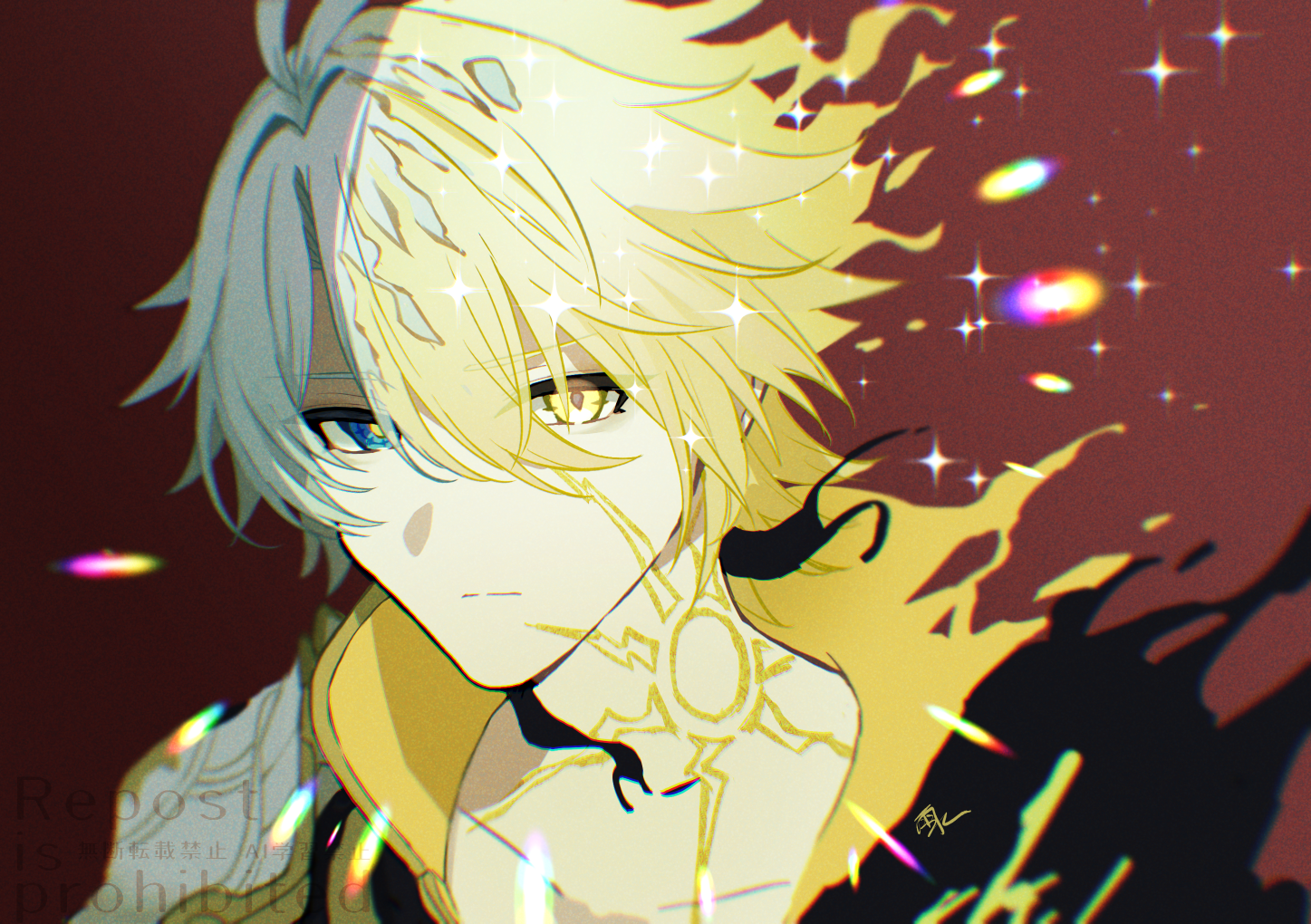 1boy amamizu_(shigure-doki) blonde_hair blue_eyes body_markings brown_background commentary_request expressionless grey_hair heterochromia honkai:_star_rail honkai_(series) looking_at_viewer male_focus phainon_(honkai:_star_rail) portrait simple_background solo split_theme yellow_eyes yellow_pupils