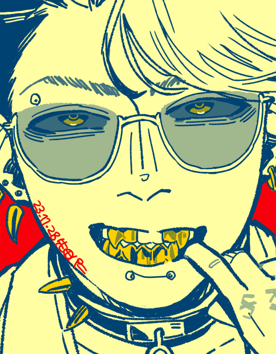 1boy artist_name black_sclera close-up collar colored_sclera dated earrings evil_grin evil_smile eyebrow_piercing face_piercing finger_in_own_mouth glasses gold_teeth grey-tinted_eyewear grills grin jewelry labret_piercing looking_at_viewer male_focus partially_colored pavia_(reverse:1999) piercing red_background reverse:1999 sakita_pani signature smile solo swept_bangs tinted_eyewear yellow_eyes