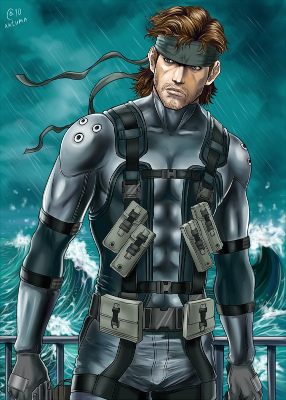 1boy autumn-sacura bandana headband male_focus metal_gear_(series) metal_gear_solid_2:_sons_of_liberty military ocean outdoors rain serious short_hair sneaking_suit solid_snake solo storm water weapon