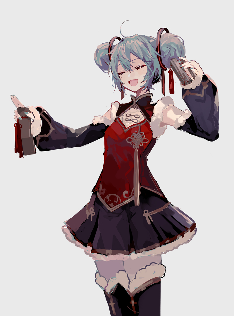 1girl alternate_hair_length alternate_hairstyle aqua_hair aqua_nails black_skirt black_sleeves boots chinese_clothes closed_eyes commentary cowboy_shot detached_sleeves double_bun female_focus fur-trimmed_boots fur-trimmed_shirt fur-trimmed_skirt fur-trimmed_sleeves fur_trim grey_background hair_bun hatsune_miku holding holding_instrument instrument mamenomoto nail_polish red_shirt shirt short_hair skirt smile solo tassel thigh_boots thighhighs vocaloid