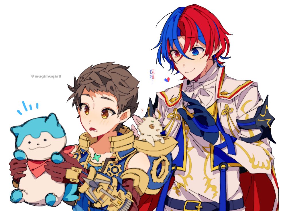 2boys alear_(fire_emblem) alear_(male)_(fire_emblem) armor ascot azurda_(xenoblade) blue_eyes blue_hair brown_hair closed_mouth crossover fire_emblem fire_emblem_engage gloves hair_between_eyes long_sleeves mugimugis multicolored_hair multiple_boys nintendo red_eyes red_hair rex_(xenoblade) short_hair smile sommie_(fire_emblem) two-tone_hair white_background xenoblade_chronicles_(series) xenoblade_chronicles_2 yellow_eyes