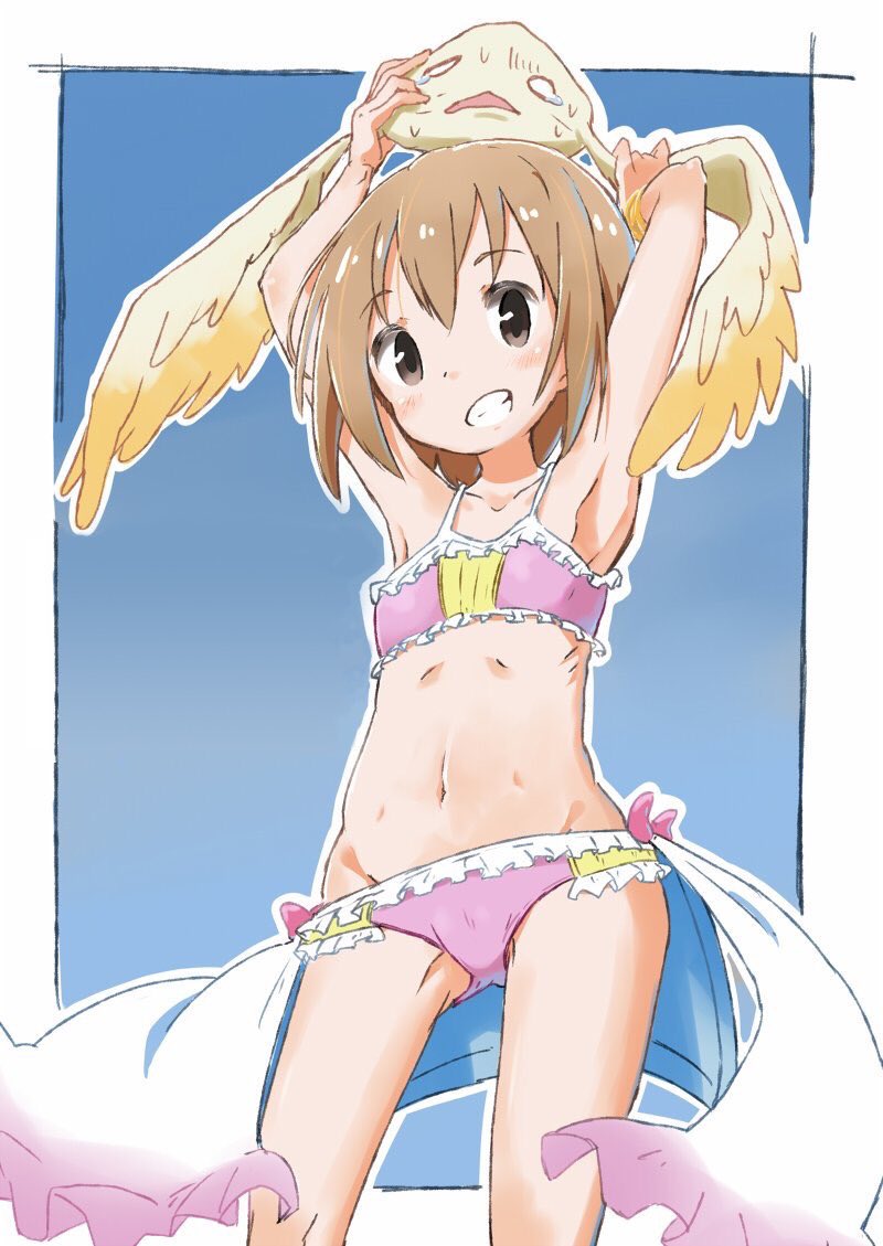 1girl 1other armpits arms_up ashida_ichirou bikini blue_background bracelet breasts brown_eyes brown_hair gluteal_fold grin groin hanami_yuzuka jewelry mahou_shoujo_nante_mou_ii_desukara. miton navel pink_bikini short_hair showgirl_skirt simple_background skirt small_breasts smile swimsuit thighs white_skirt wings