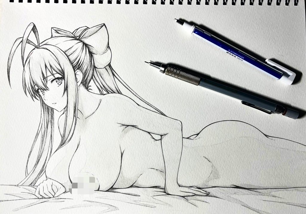 1girl antenna_hair art_tools_in_frame ass blazblue bow breasts censored censored_nipples collarbone commentary_request completely_nude greyscale hair_bow large_breasts long_hair looking_at_viewer lying mai_natsume monochrome mosaic_censoring nude on_stomach photo_(medium) ponytail seishun_dendeke sidelocks solo traditional_media