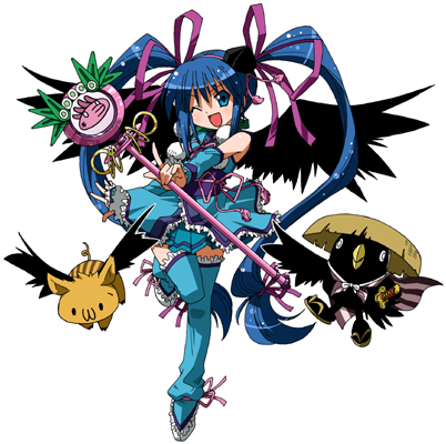 1girl :3 ;d bad_source bird bird_wings black_bird black_hat black_wings blue_eyes blue_hair blue_kimono blue_skirt blue_sleeves blue_thighhighs boar commentary_request crow detached_sleeves feathered_wings full_body hair_between_eyes hair_ribbon hairband hat holding holding_staff japanese_clothes katana kimono leg_up long_hair lowres maso_(ascii_art) miniskirt obi obijime one_eye_closed open_mouth original pleated_skirt pom_pom_(clothes) purple_hairband purple_ribbon purple_sash ribbon sandogasa sash shakujou simple_background skirt smile staff sword tengu thighhighs tokin_hat uju very_long_hair weapon white_background wings zettai_ryouiki