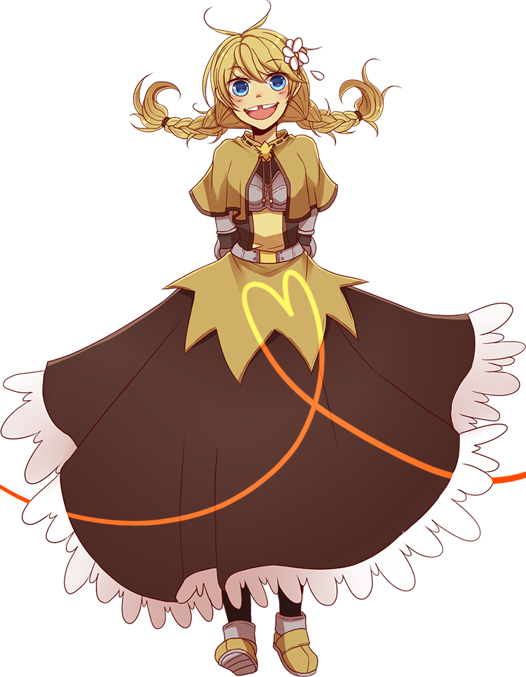 1girl :d arms_behind_back blonde_hair blue_eyes boots braid brown_boots brown_capelet brown_dress capelet chest_guard dress flower full_body hair_flower hair_ornament long_hair looking_at_viewer low_twin_braids messy_hair missing_tooth open_mouth ragnarok_online rinslette simple_background smile solo standing swordsman_(ragnarok_online) transparent_background twin_braids white_flower