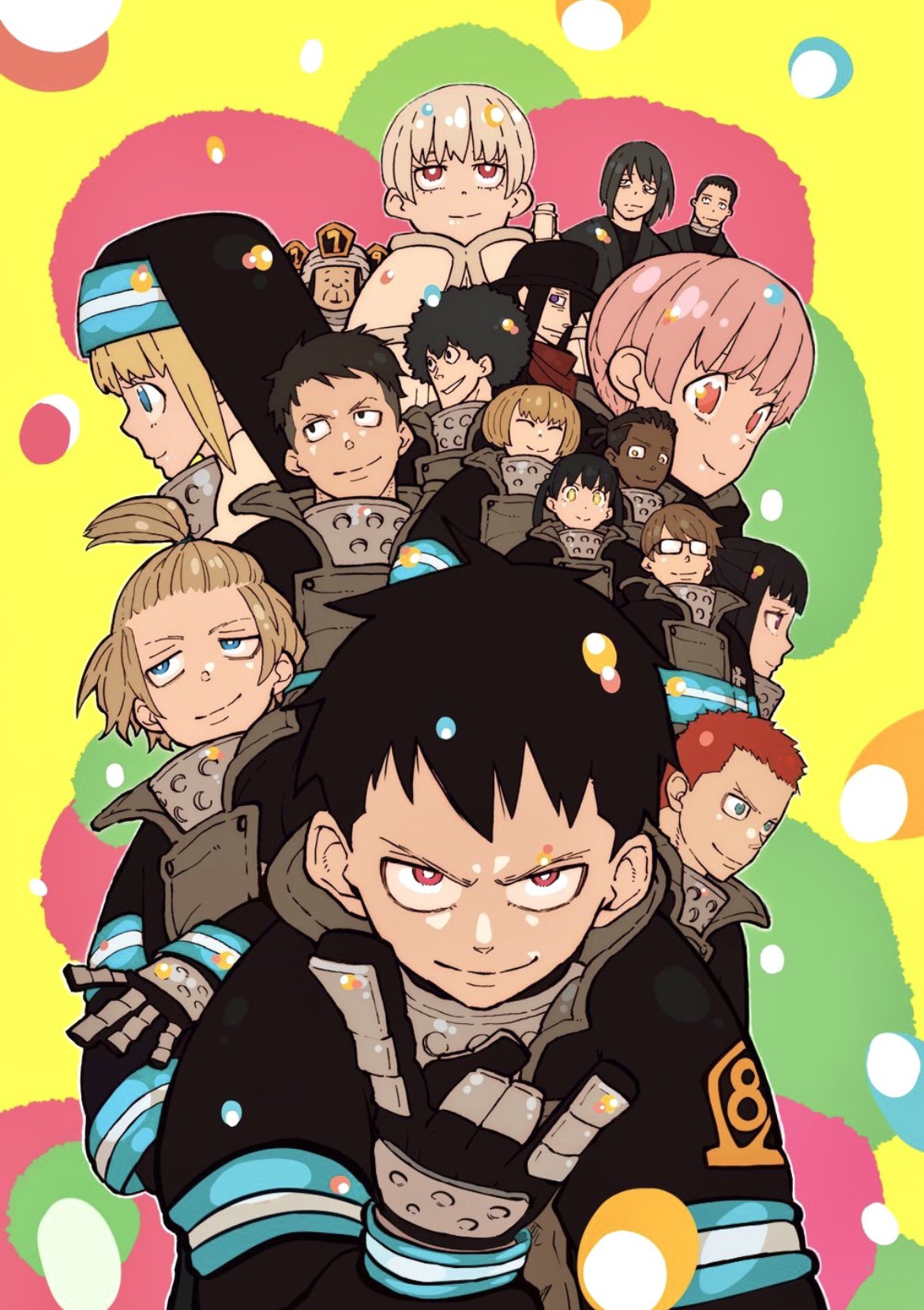 akitaru_oubi arthur_boyle black_hair blonde_hair blue_eyes brown_hair dark-skinned_male dark_skin en'en_no_shouboutai glasses highres iris_(enen_no_shouboutai) joker_(en'en_no_shouboutai) kasugatani_inca long_hair maki_oze montgomery_ogun multiple_boys multiple_girls official_art ohkubo_atsushi pink_hair purple_eyes red_eyes sagamiya_konro shinmon_benimaru shinra_kusakabe sho_kusakabe short_hair smile takehisa_hinawa tamaki_kotatsu viktor_licht vulcan_joseph white_hair yellow_eyes