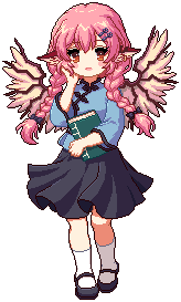 1girl alternate_costume alternate_hairstyle animal_ears bird_ears bird_wings black_bow black_shoes black_skirt blue_shirt book bow braid brown_eyes chinese_clothes earrings full_body game_cg hair_bow hair_ornament hairclip holding holding_book jewelry kneehighs kumio lowres mary_janes mystia_lorelei open_mouth pink_hair shirt shoes single_earring skirt socks solo tachi-e third-party_source touhou touhou_mystia&#039;s_izakaya transparent_background twin_braids white_socks wide_sleeves wings