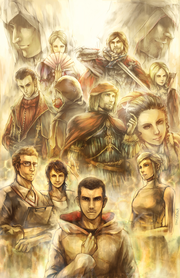 5girls 6+boys altair_ibn_la-ahad apple assassin&#039;s_creed assassin&#039;s_creed:_brotherhood assassin&#039;s_creed_(series) assassin&#039;s_creed_ii beard capelet caterina_sforza cesare_borgia chemical_structure claudia_auditore_da_firenze clipboard desmond_miles ezio_auditore_da_firenze facial_hair food fruit glasses hand_fan hat hood koulin la_volpe leonardo_da_vinci looking_at_viewer lucrezia_borgia lucy_stillman manly multiple_boys multiple_girls niccolo_di_bernardo_dei_machiavelli rebecca_crane shaun_hastings short_hair signature sleeveless sword weapon