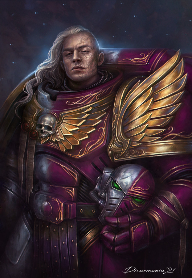 armor artist_name breastplate burnt cassius_veridian emperor&#039;s_children gauntlets gold_trim green_eyes grey_armor helmet holding holding_helmet imperial_aquila long_hair looking_at_viewer multicolored_armor pauldrons power_armor purity_seal purple_armor shoulder_armor skull skull_ornament veronica_anrathi warhammer_40k white_hair