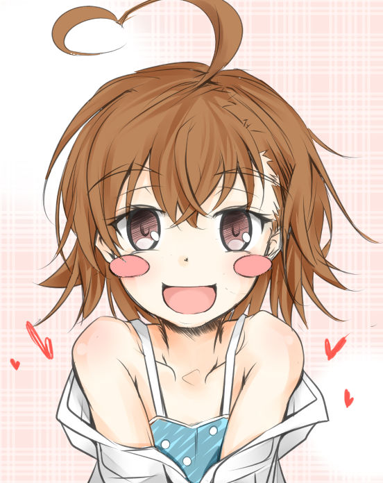 10s 1girl 2015 :d ahoge bare_shoulders blue_dress blush blush_stickers brown_eyes brown_hair child collarbone collared_shirt commentary_request dot_nose dress dress_straps flat_chest hair_between_eyes happy heart heart_ahoge last_order_(toaru_majutsu_no_index) looking_at_viewer matching_hair/eyes monochrome_background open_clothes open_mouth open_shirt oversized_clothes oversized_shirt pink_background polka_dot polka_dot_dress shin_(highest1192) shirt short_hair sleeveless sleeveless_dress smile solo toaru_majutsu_no_index upper_body white_shirt