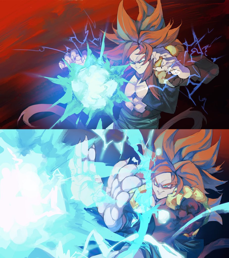 big_bang_kamehameha body_fur clothoooooo dragon_ball dragon_ball_gt fusion fusion_dance gogeta incoming_attack kamehameha_(dragon_ball) metamoran_vest monkey_boy monkey_tail obi outstretched_arm outstretched_hand pants pectorals red_fur saiyan sash spiked_hair super_saiyan super_saiyan_4 tail white_pants wristband