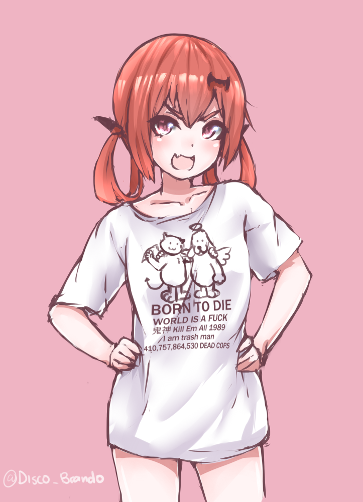 &gt;:d 10s 1girl :3 :d arm_around_neck arm_at_side bat_hair_ornament born_to_die_world_is_a_fuck_(meme) cat clothes_writing collarbone cowboy_shot demon_tail disco_brando dog english_text engrish_text fang female_focus gabriel_dropout hair_ornament hair_rings halo hand_on_another&#039;s_shoulder hands_on_own_hips head_tilt meme meme_attire no_pants open_mouth orange_hair pink_background pink_eyes ranguage satanichia_kurumizawa_mcdowell shirt short_sleeves simple_background sketch smile solid_oval_eyes solo standing tail twitter_username v-shaped_eyebrows waving white_shirt