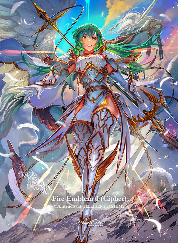 1girl armor armored_boots boots chain dress egawa_akira erinys_(fire_emblem) fire_emblem fire_emblem:_genealogy_of_the_holy_war fire_emblem_cipher gold_trim green_eyes green_hair long_hair nintendo official_art pegasus polearm spear thighhighs weapon white_armor wing_armor