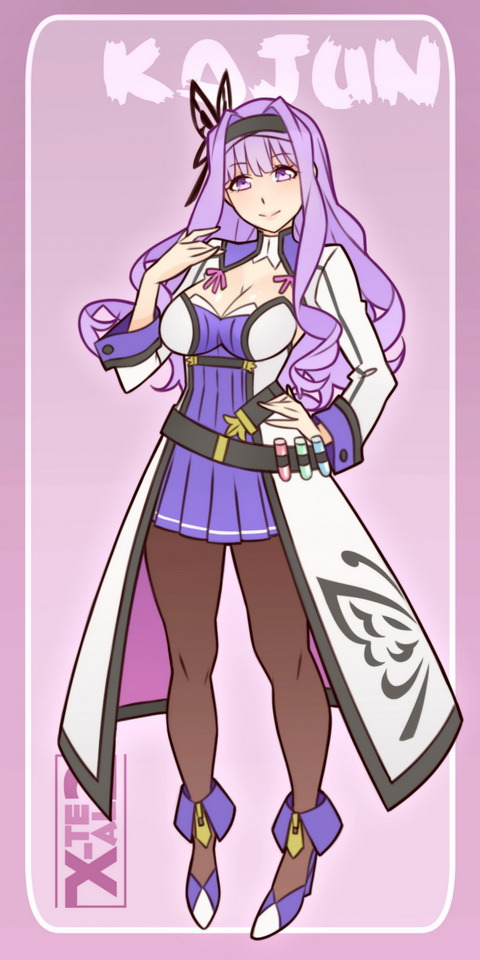 1girl blazblue breasts cleavage female_focus hair_intakes hairband kajun_faycott large_breasts long_hair looking_at_viewer matching_hair/eyes purple_eyes purple_hair skirt solo tagme x-t3al