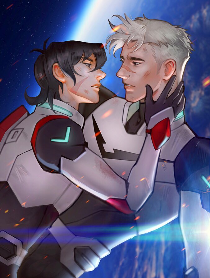 2boys black_gloves black_hair commentary cowboy_shot earth_(planet) embers english_commentary eye_contact floating_embers gloves hair_behind_ear hand_on_another&#039;s_neck keith_(voltron) looking_at_another male_focus mistermagnolia multiple_boys parted_lips planet profile scar scar_on_face short_hair space spacesuit star_(sky) takashi_shirogane teeth voltron:_legendary_defender voltron_(series) white_hair yaoi