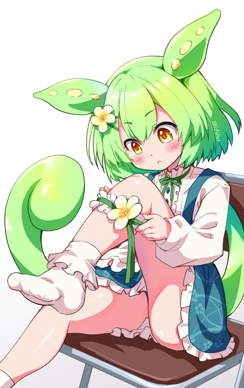 1girl apron blush bobby_socks chair dress dressing flat_chest flower frilled_thigh_strap green_hair hair_flower hair_ornament highres kouki_kuu long_hair low_ponytail ponytail sitting socks solo thigh_strap voicevox waitress waitress_zundamon yellow_eyes zundamon