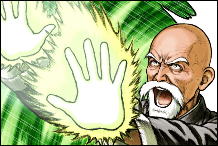 1boy bald beard black_border border dragon_ball dragon_ball_(classic) facial_hair fuji_(d38635s10) glowing grey_eyes male_focus muten_roushi old old_man open_mouth solo veins