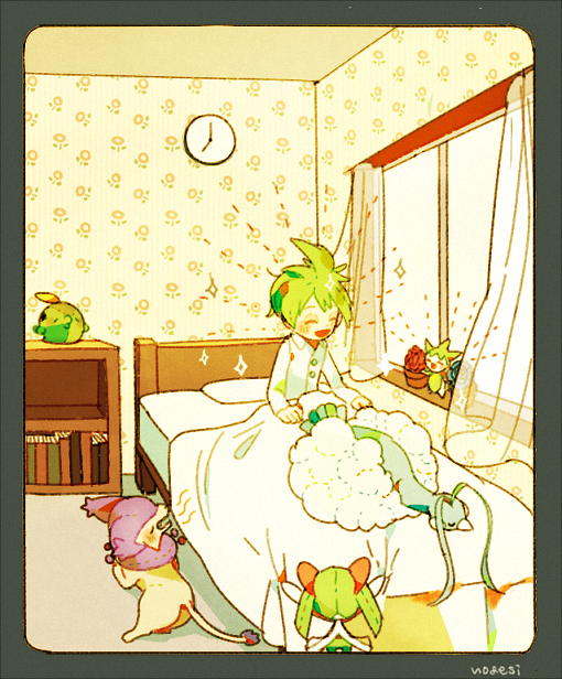 1boy altaria bed book bookshelf clock closed_eyes curtains delcatty game_freak gen_3_pokemon green_hair gulpin horns kirlia nintendo on_bed open_mouth pokemon pokemon_(creature) pokemon_rse roselia_(pokemon) shirt sidelocks signature tamamochi wall_clock wally_(pokemon) white_shirt window yawning