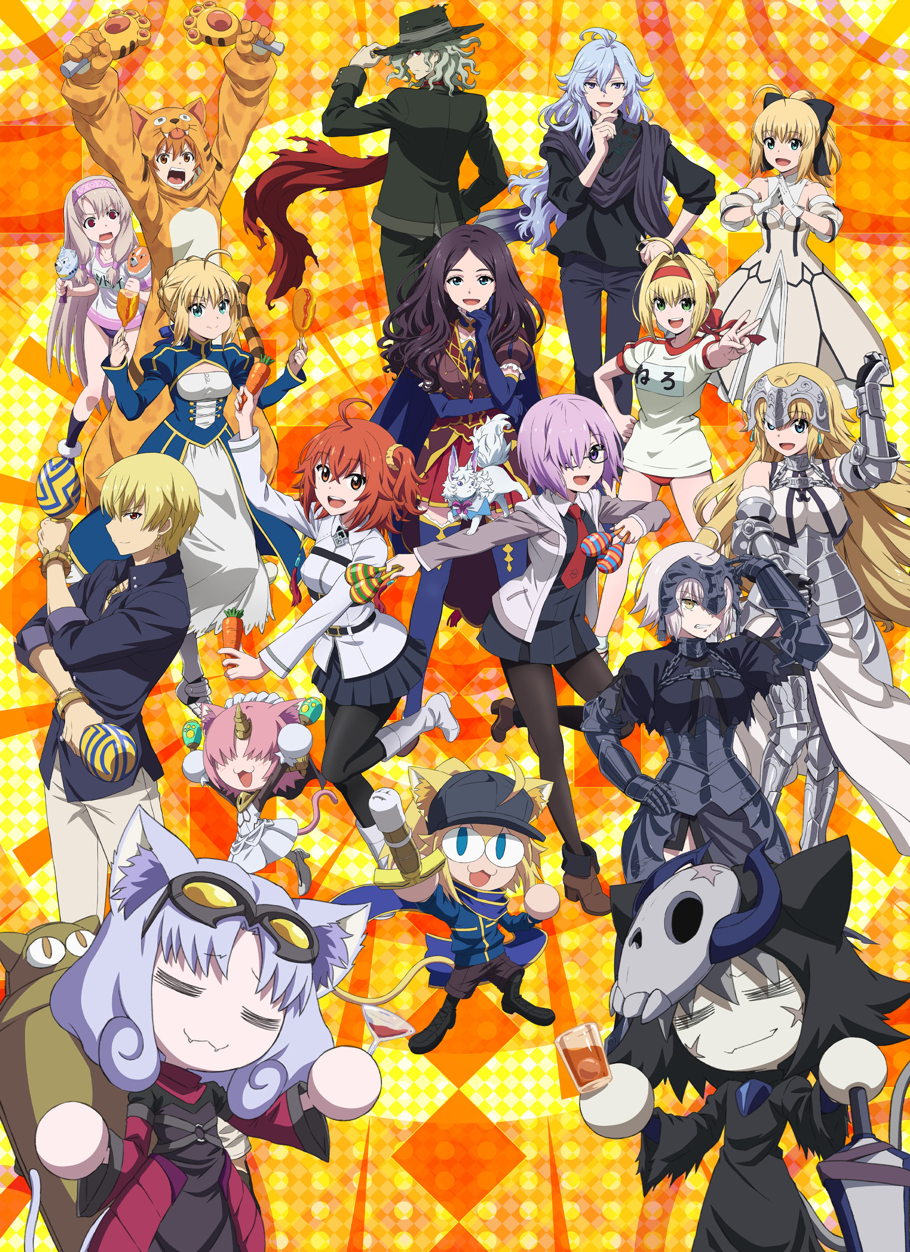 2boys 6+girls absurdres ahoge alcohol armor armored_dress artoria_pendragon_(fate) baseball_cap black_dress black_pantyhose black_skirt blonde_hair blue_eyes boots breasts brown_hair buruma carrot chaldea_uniform confetti corn_dog cosplay cup dress drinking_glass edmond_dantes_(fate) edmond_dantes_(first_ascension)_(fate) fangs fate/grand_carnival fate/grand_order fate_(series) fou_(fate) fujimaru_ritsuka_(female) gauntlets gilgamesh gilgamesh_(caster)_(fate) gilgamesh_(establishment)_(fate) gilgamesh_(fate) glasses green_eyes gym_uniform hair_ornament hair_over_one_eye hair_scrunchie hat highres horns illyasviel_von_einzbern instrument jacket jaguarman_(fate) jeanne_d'arc_(fate) jeanne_d'arc_(ruler)_(fate) jeanne_d'arc_(third_ascension)_(fate) jeanne_d'arc_alter_(avenger)_(fate) jeanne_d'arc_alter_(fate) key_visual large_breasts light_purple_hair long_sleeves looking_at_viewer looking_back maracas mash_kyrielight mask medium_breasts merlin_(camelot_&_co)_(fate) merlin_(fate) multiple_boys multiple_girls mysterious_neco_v mysterious_neco_w mysterious_neco_x mysterious_neco_y necktie nero_claudius_(fate) nero_claudius_(fate/extra) nero_claudius_(olympian_bloomers)_(fate) official_alternate_costume official_art open_mouth orange_eyes orange_hair pantyhose pleated_skirt promotional_art purple_eyes red_eyes saber_lily scar scar_on_face scarf scrunchie shinai short_hair side_ponytail single_horn sitonai_(fate) skirt skull_mask small_breasts smile sword tail teeth thighhighs upper_teeth_only weapon white_footwear wine wine_glass yellow_eyes zettai_ryouiki