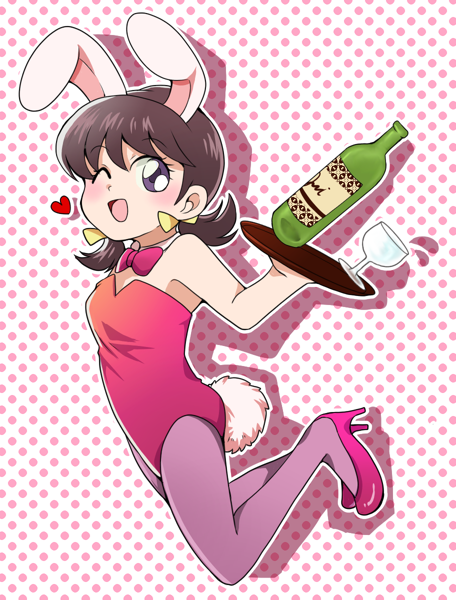 1girl animal_ears black_pantyhose bottle cup detached_collar dotted_background drinking_glass holding holding_tray jumping leotard one_eye_closed osomatsu-san osomatsu_(series) pantyhose pink_leotard playboy_bunny rabbit_ears rabbit_tail short_twintails smile solo tail tray tsubuta_hiro twintails wine_bottle wine_glass yowai_totoko