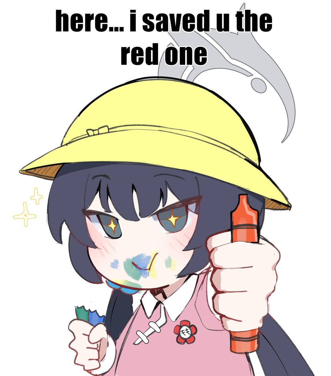 +_+ 1girl black_hair blue_archive closed_mouth crayon eating english_text gen_(unzzenasd) grey_eyes grey_halo halo hat here_i_saved_u_the_red_one_(meme) highres holding holding_crayon kindergarten_uniform kisaki_(blue_archive) kisaki_(kindergarten_uniform)_(blue_archive) long_hair long_sleeves looking_at_viewer meme pink_shirt school_hat shirt simple_background solo white_background yellow_hat