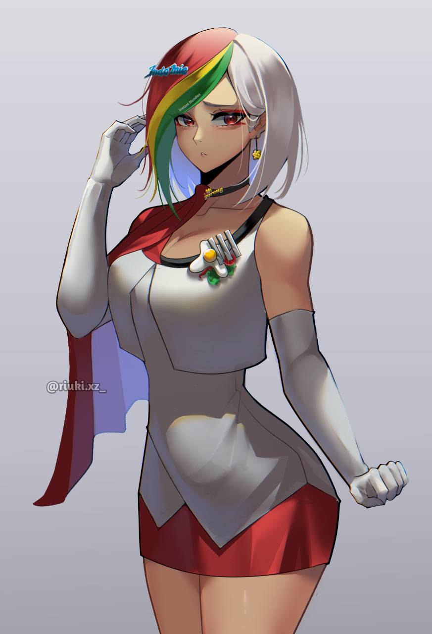 1girl blonde_hair closed_mouth collarbone dress earrings elbow_gloves gloves green_hair hair_ornament highres humanization indomie_(brand) jewelry looking_at_viewer multicolored_hair original red_eyes red_hair riukixz solo white_gloves white_hair