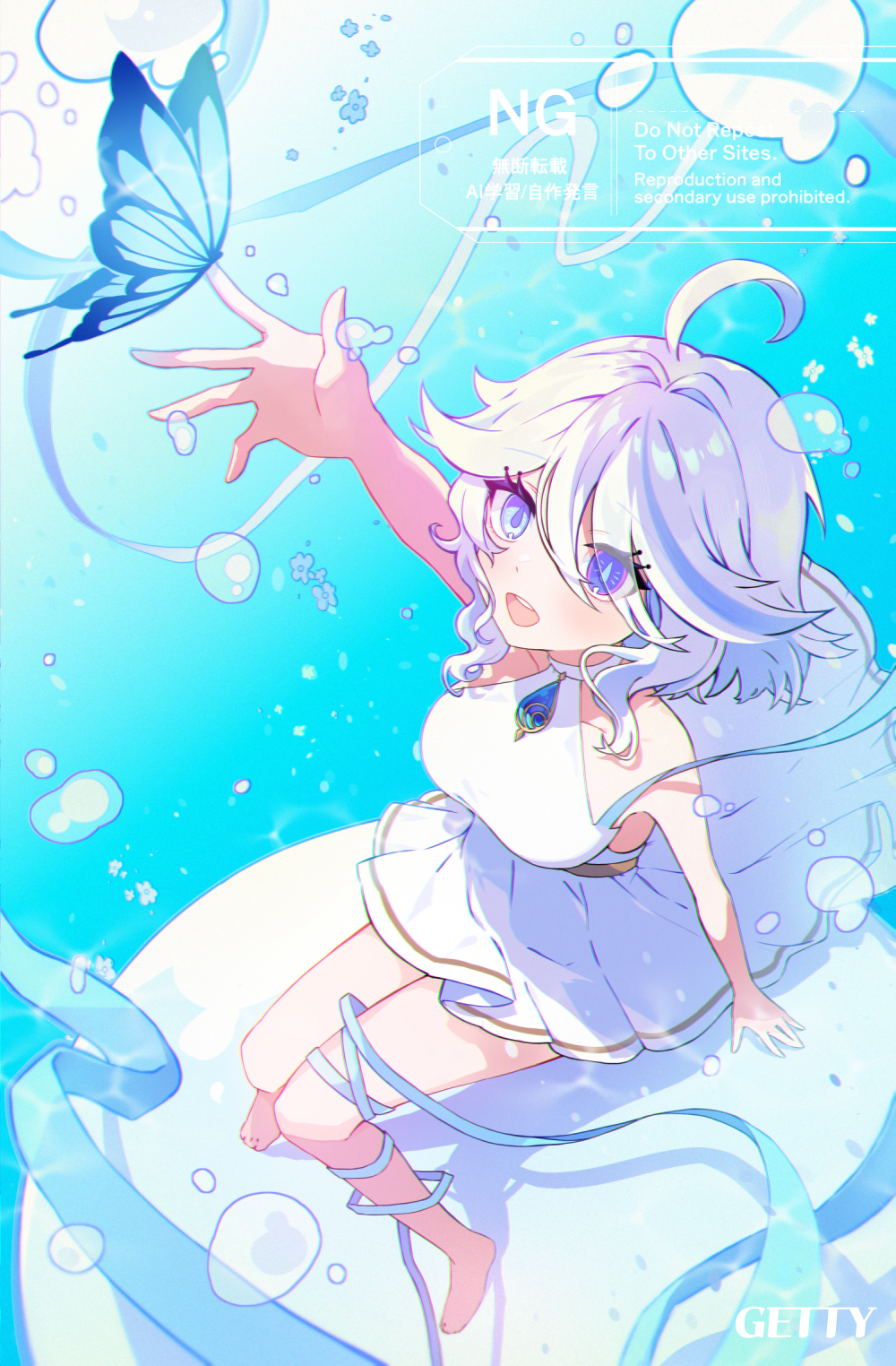 1girl ahoge artist_name bare_arms bare_shoulders blue_brooch blue_eyes blue_gemstone blue_hair bug butterfly butterfly_on_hand commentary dress drop-shaped_pupils furina_(genshin_impact) gem genshin_impact getty-gy heterochromia highres insect mismatched_pupils multicolored_hair open_mouth sitting sleeveless sleeveless_dress smile streaked_hair symbol-shaped_pupils white_dress