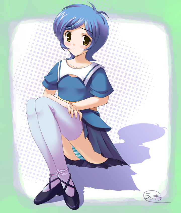 1girl black_shoes blue_hair blush female_focus grey_thighhighs panties pantyshot pleated_skirt rakkyo shoes short_hair short_sleeves sitting skirt solo striped_clothes striped_panties thighhighs underwear yellow_eyes