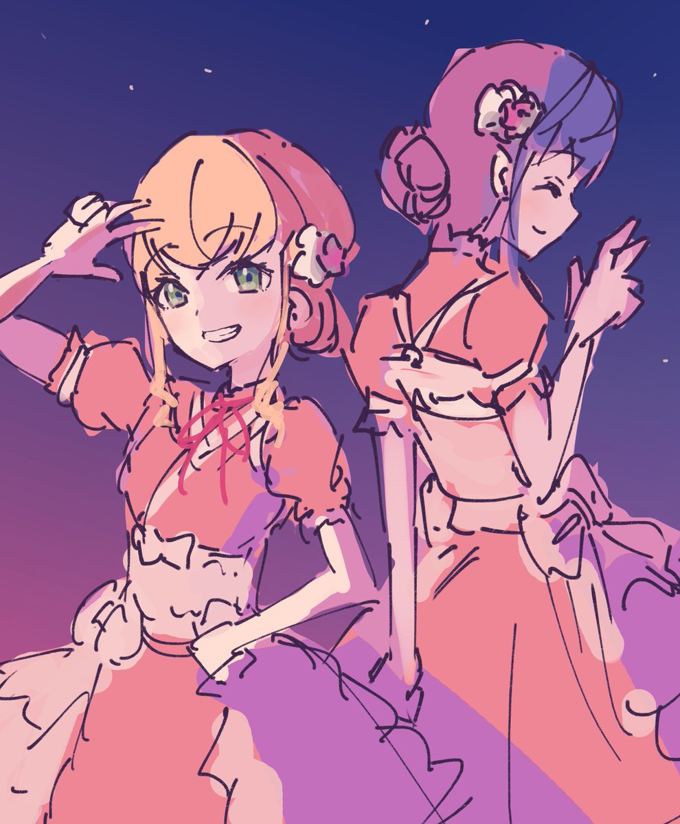 2girls ^_^ aqua_eyes blue_sky cerise_bouquet closed_eyes commentary_request cowboy_shot crossed_bangs gradient_sky hair_bun hinoshita_kaho japanese_clothes kimono lao_ren_xing link!_like!_love_live! love_live! medium_hair multiple_girls neck_ribbon night night_sky official_alternate_costume one-hour_drawing_challenge orange_hair orange_kimono otomune_kozue puffy_short_sleeves puffy_sleeves purple_hair purple_sky red_ribbon ribbon short_hair_with_long_locks short_sleeves sidelocks sideways_mouth single_hair_bun sketch sky virtual_youtuber w w_over_face