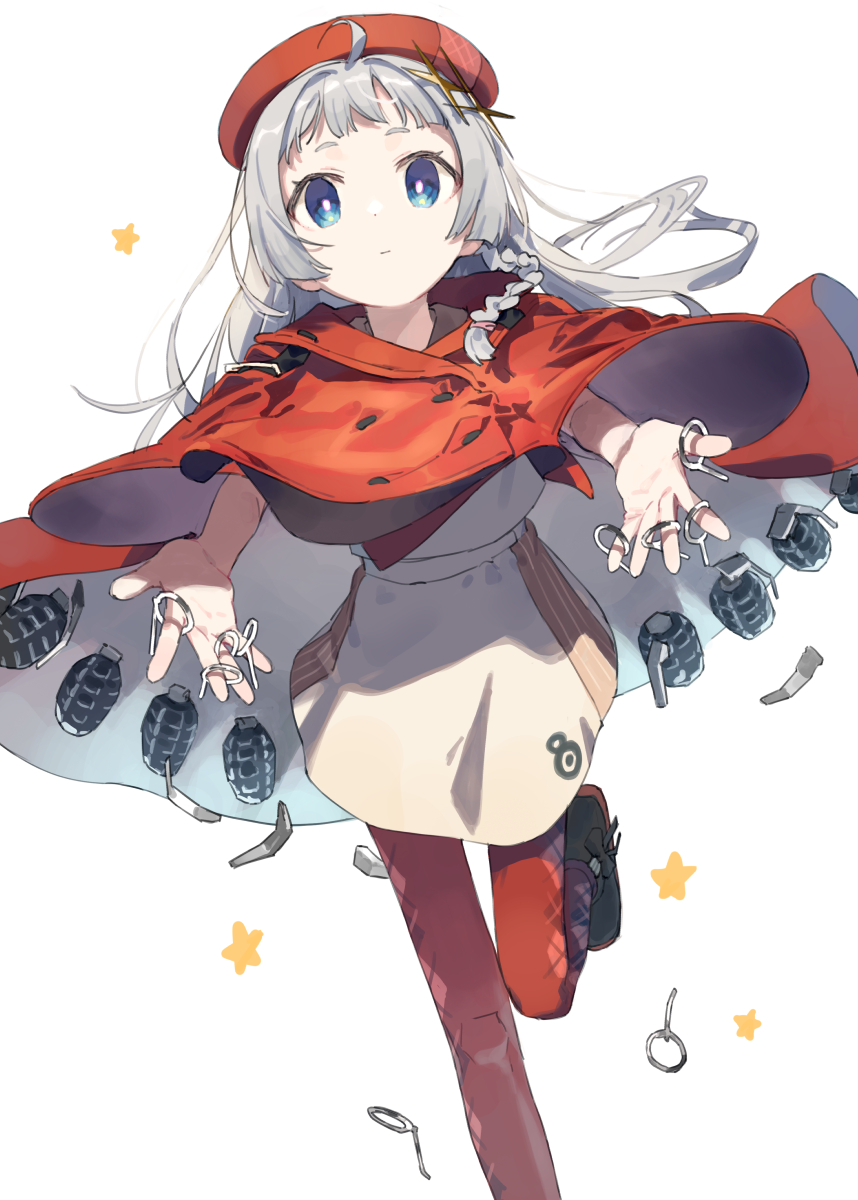 1girl a.i._voice ahoge argyle_clothes argyle_pantyhose beret black_boots blue_eyes boots braid bright_pupils buttons closed_mouth coat commentary_request double-breasted dropping explosive expressionless floating_hair foot_out_of_frame grenade grenade_pin hat highres hitogome kizuna_akari kizuna_akari_(tsubomi) long_hair looking_at_viewer outstretched_arms pantyhose red_coat red_hat red_pantyhose running shirt short_sleeves side_braid simple_background skirt solo sparkle_hair_ornament star_(symbol) voiceroid white_background white_pupils white_shirt white_skirt