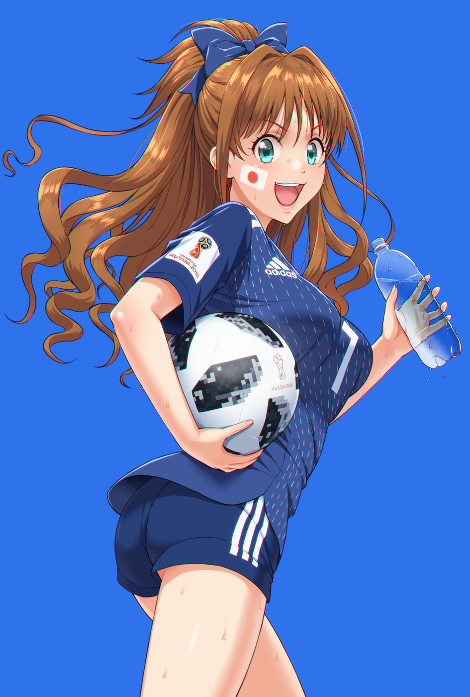 1girl 2018_fifa_world_cup adidas aqua_eyes ass ball blue_background blush bottle bow brown_hair clothes_writing facepaint female_focus from_behind hair_bow high_ponytail highres hino_akane_(idolmaster) holding holding_bottle idolmaster idolmaster_cinderella_girls japan japanese_flag long_hair looking_at_viewer looking_back nigou open_mouth ponytail short_sleeves shorts simple_background smile soccer_ball soccer_uniform solo sportswear standing sweat water_bottle world_cup