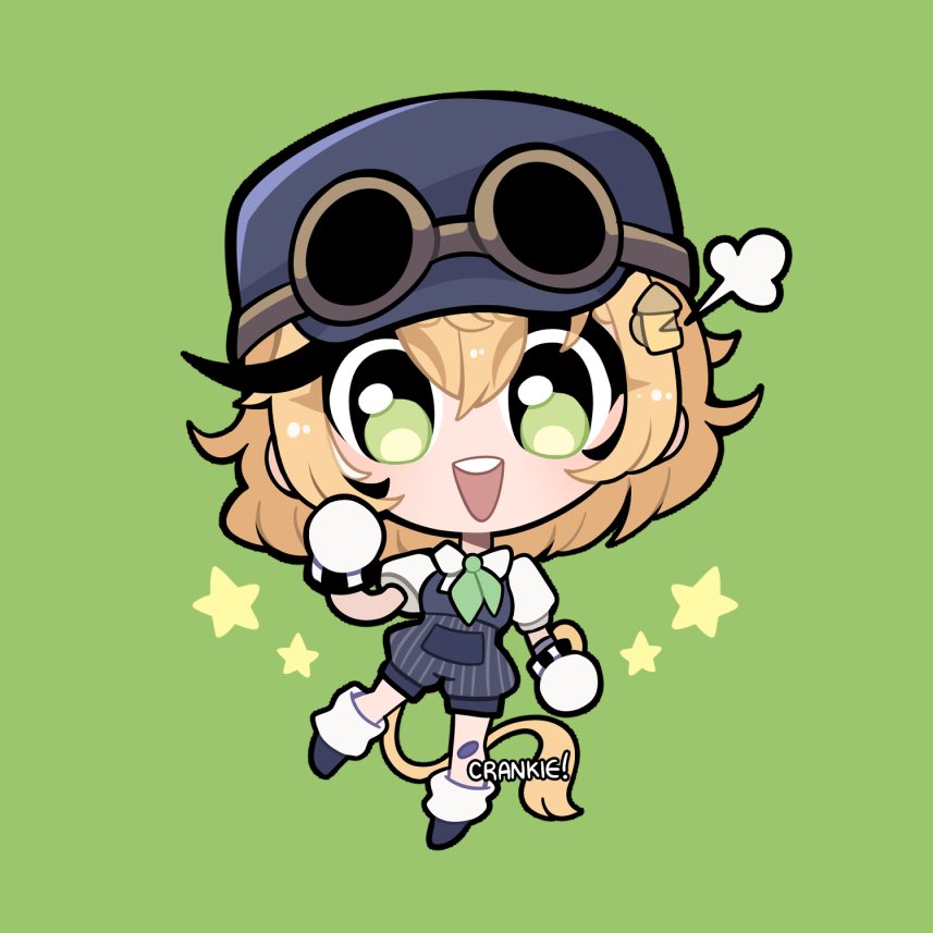 blonde_hair blue_overalls checkered_gloves chibi crankie dooby_(vtuber) goggles goggles_on_headwear green_background green_eyes green_neckerchief indie_virtual_youtuber jerboa_tail neckerchief open_mouth overall_shorts overalls pinstripe_overalls signature steam striped_overalls tail train_conductor vertical-striped_overalls