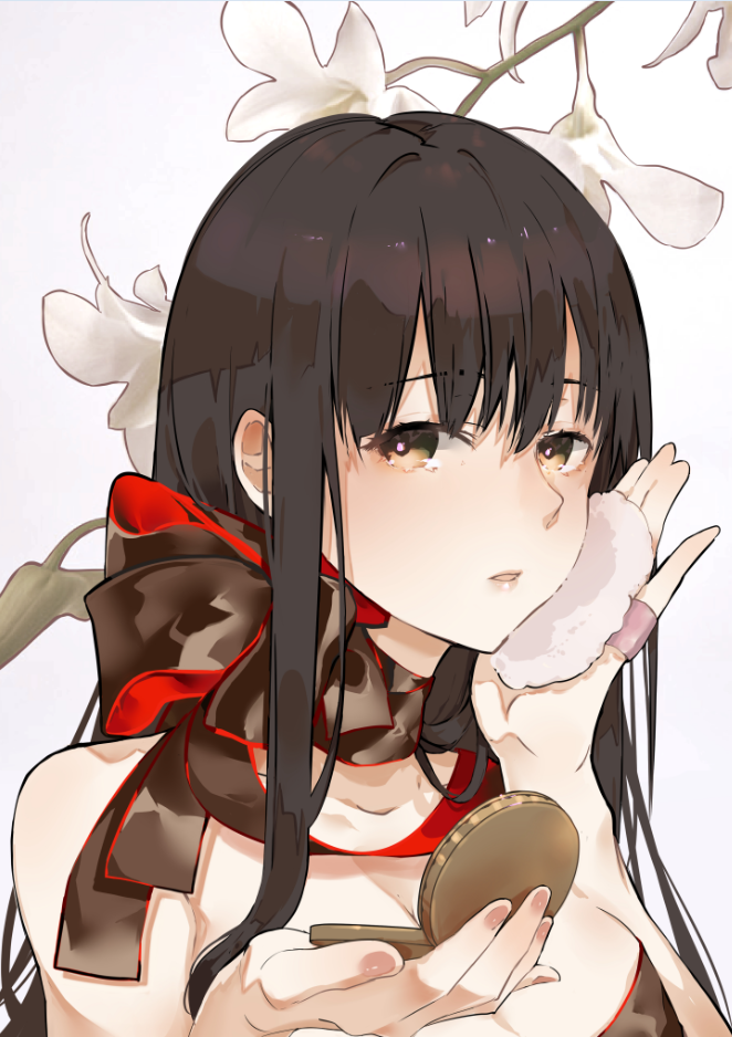 1girl akagi_(kancolle) alternate_costume bad_id bad_pixiv_id blush bow bowtie breasts brown_eyes brown_hair dress face_powder female_focus floral_background hair_between_eyes kantai_collection large_breasts long_hair looking_at_viewer neko_(ganecooo) open_mouth powder solo straight_hair